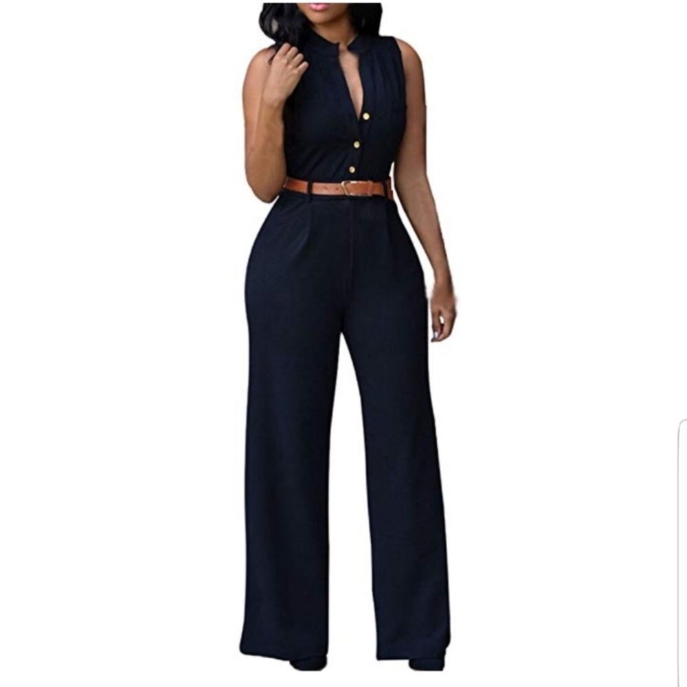 Reposh** NWOT belted wide leg black jumpsuit